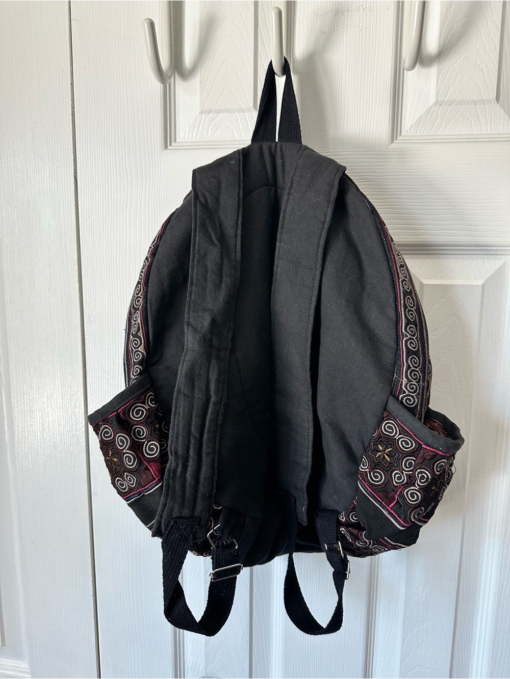 Woven 100% Cotton Backpack: Embroidered Boho Hippie Bag in Black - Picture 4 of 7